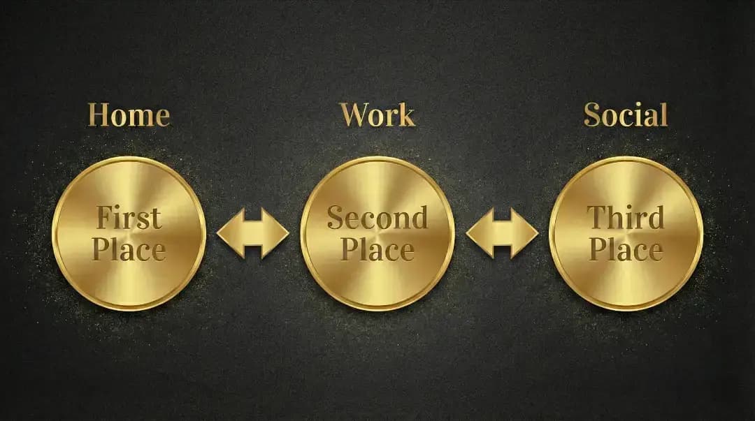 The Third Place Theory diagram showing the intersection of home, work, and social spaces