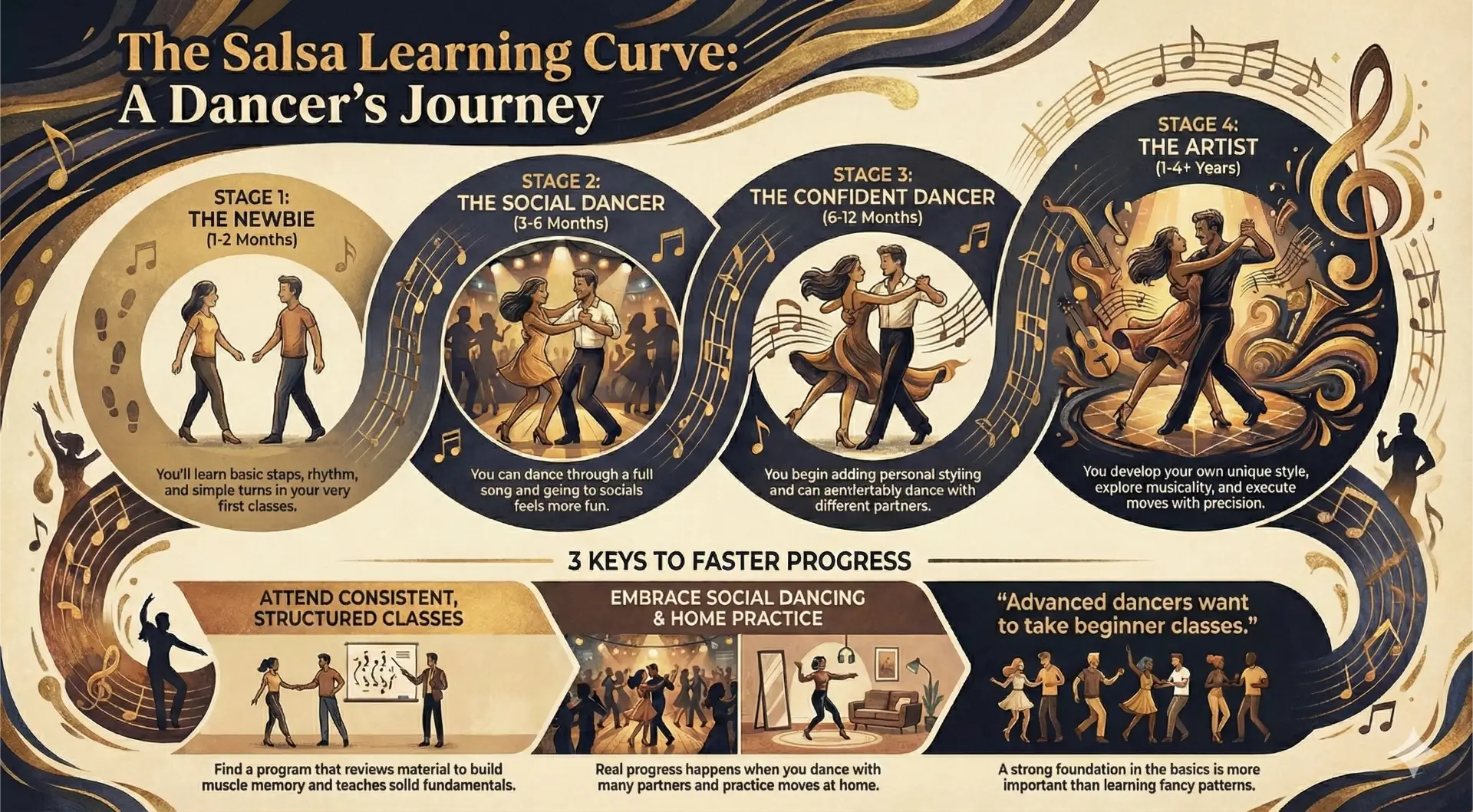 Salsa learning curve showing progression timeline from beginner to advanced dancer
