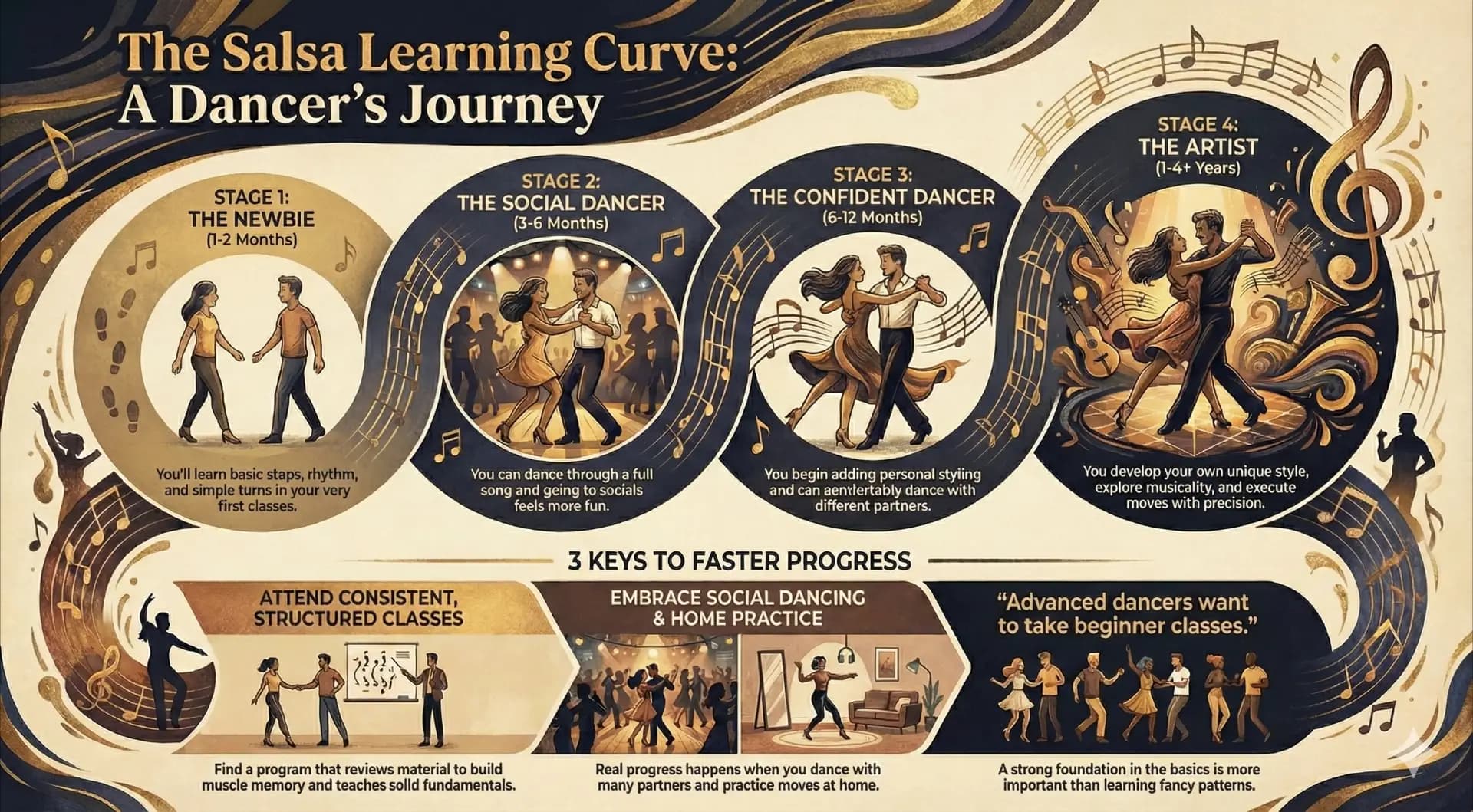 Salsa learning curve showing progression timeline from beginner to advanced dancer